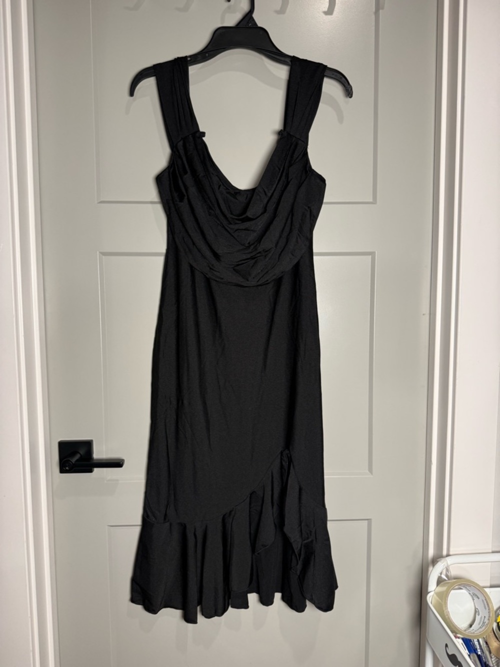 Cocktail Party Dress Off The Shoulder Black Midi Dress Ruffle Hem - Large